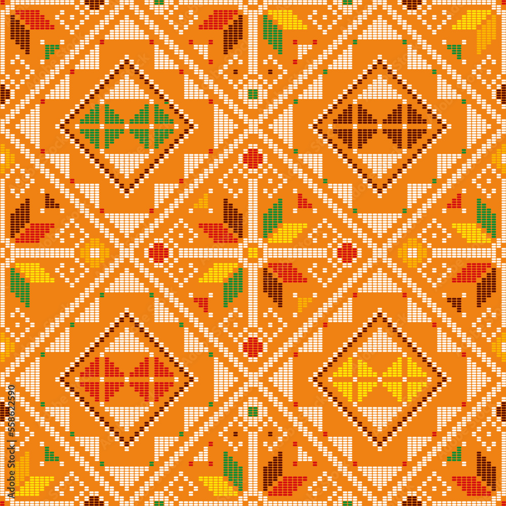 Filipino traditonal embroidery inspired vector seamless pattern - Yakan cloth design, geometric textile or fabric print design from Philippines
