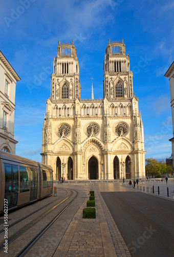Facade of the historic Orleans 'Sainte-Croix Cathedral' in Orleans nestled in the Loire Valley at sunset