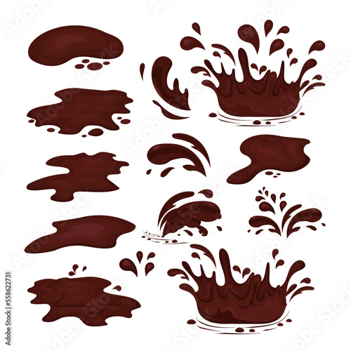 The chocolate is flowing. Puddles, splashes, drops. Vector set on a white background