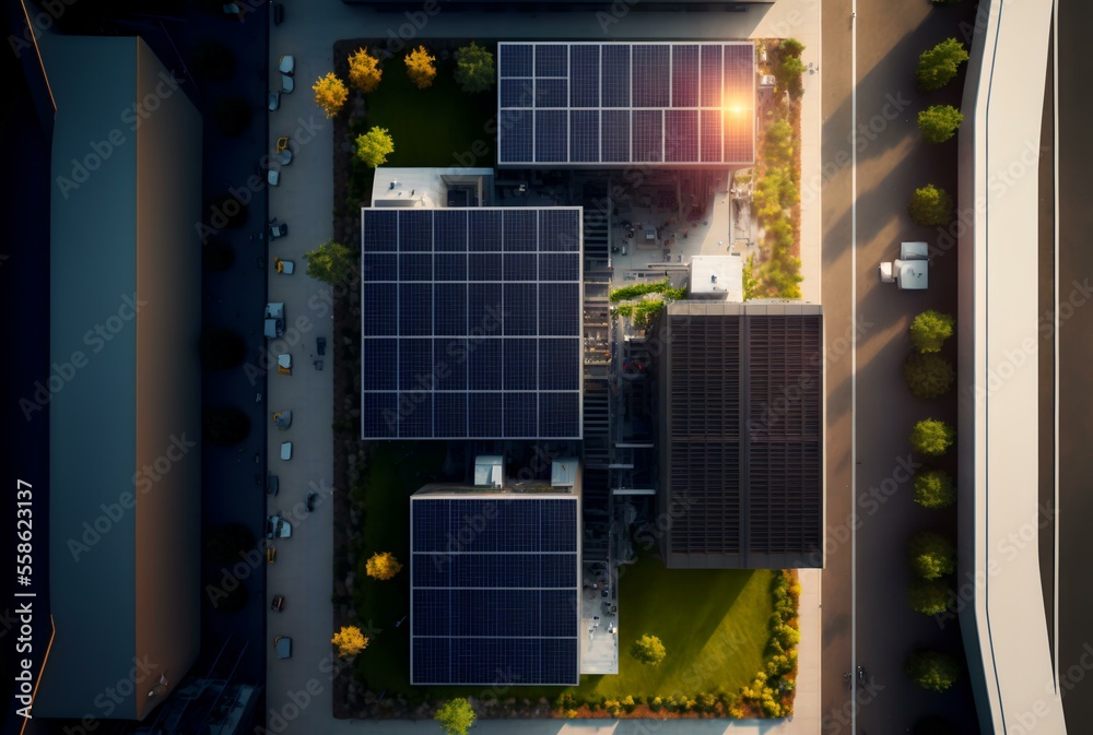 rooftop solar panel system with a birdseye view, to showcase the size