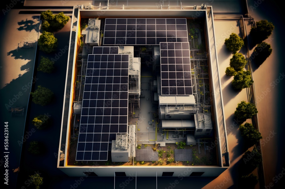 rooftop solar panel system with a birdseye view, to showcase the size