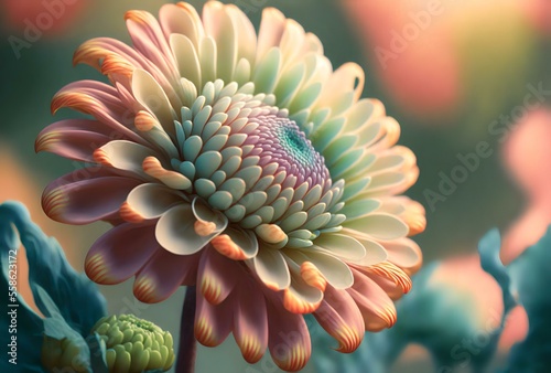 close-up of a single, brightly coloured flower set against a background of muted, pastel coloured flowers (AI Generated)