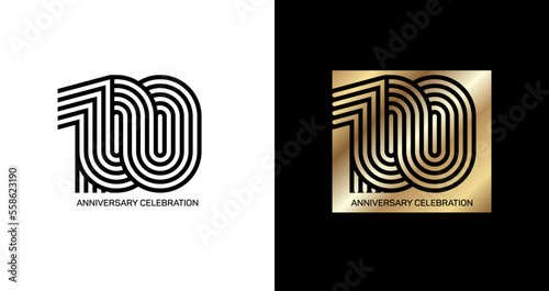 One hundredth anniversary. Gold and black numbers. Poster template for 100th anniversary celebration. Vector illustration.