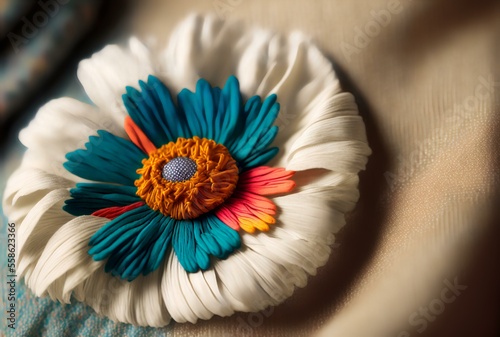 close-up of a single, brightly coloured flower set against a background of textured, neutral coloured fabric (AI Generated)