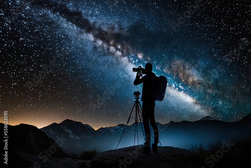 Photographer silhouette holding a camera against a milky way background. Generative AI