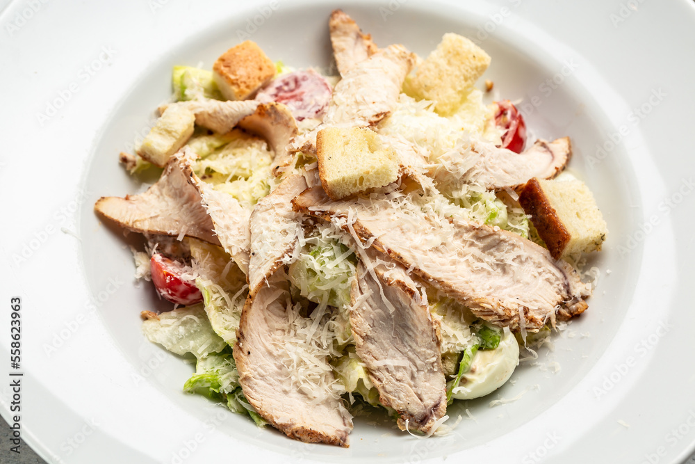 chicken caesar salad, Delicious balanced Healthy food, keto diet, diet lunch concept. Top view