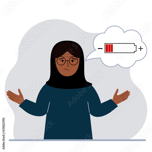 Conceptual illustration of low battery. Sad woman thinks about charging.