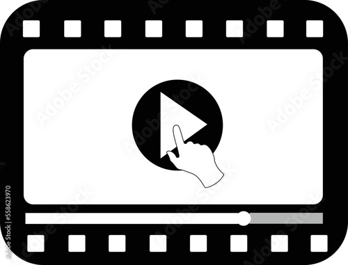 Multimedia video player shape with a hand pressing play button. Filming, broadcasting or video streaming pictogram vector illustration
