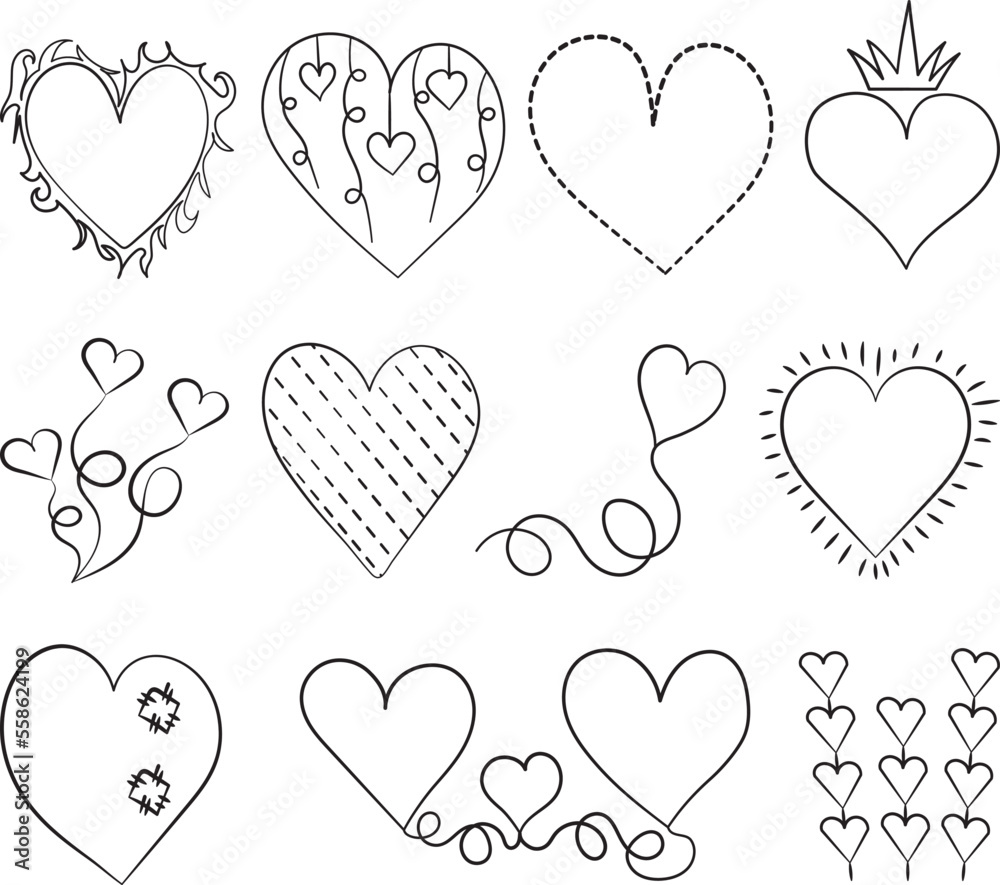 heart collection doodle sketch ,outline on white background isolated vector