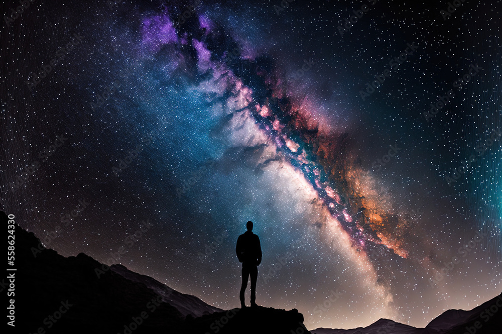 picture of the Milky Way Starry night with a silhouette of a guy standing on a mountain. Generative AI