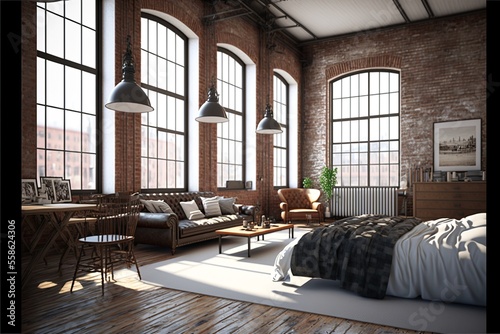 New york loft style bedroom interior 