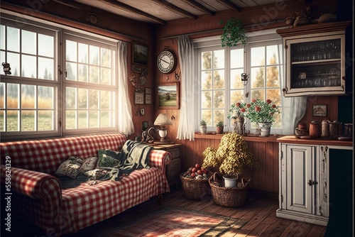Rustic farmhouse style interior with checkered sofa 