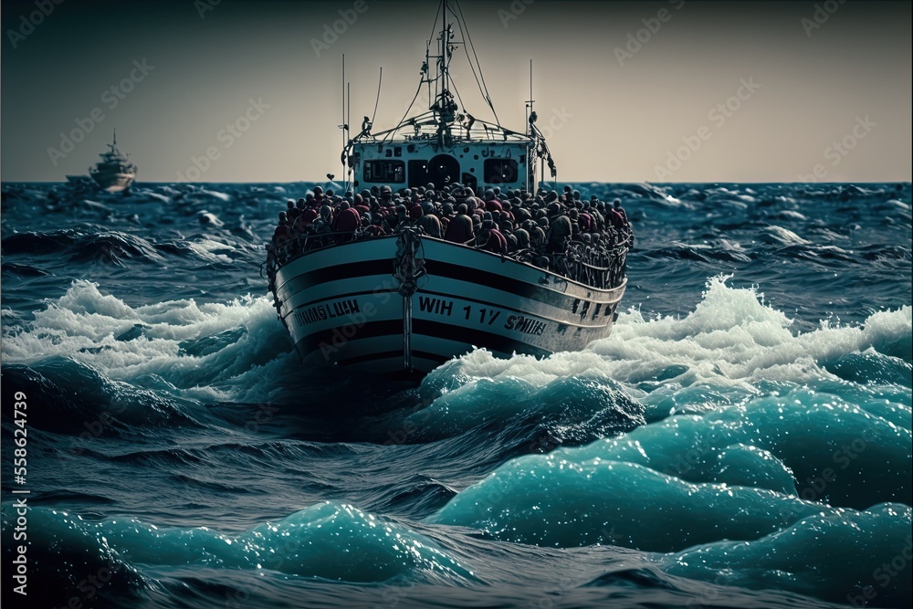 migrants on boat in mediterranean sea dramatic scene illustration generative ai - obrazy, fototapety, plakaty 