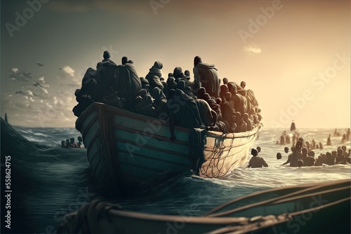 Fotografia migrants on boat in mediterranean sea dramatic scene illustration generative ai