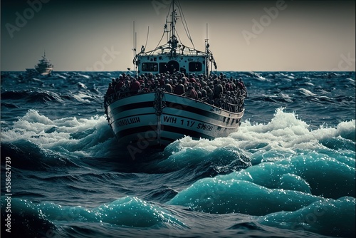 migrants on boat in mediterranean sea dramatic scene illustration generative ai Fototapet