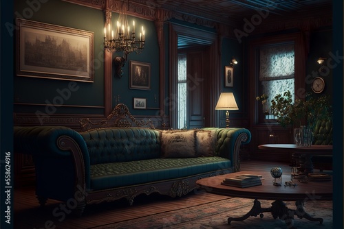 Gothic victorian style  mansion interior with wooden designed wall