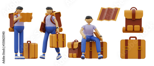 male character traveling illustration 3d set