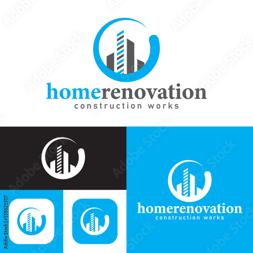 Home renovation, improvement, rebuild, reconstruction logo. home icon. vector illustration. round shape. black and white.