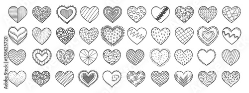 Hearts doodles set. Retro style heart shapes. Valentines day hearts. 70s  80s  90s style love stickers. Love  romance  wedding. Valentines day sketches.