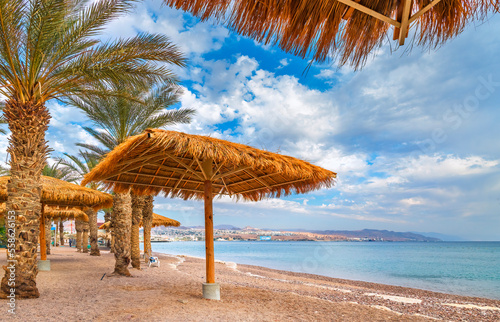 Morning on public beach in Eilat - famous tourist resort and recreational cit...
