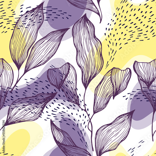 Sketch style doodle line texture leaves over stains and dots seamless vector ...