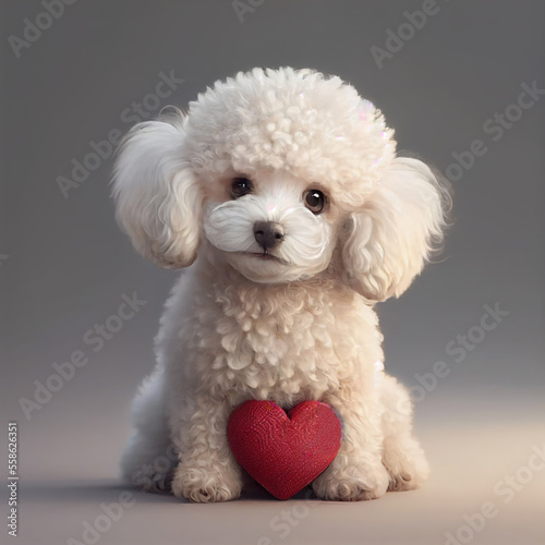 Cute realistic white poodle with heart, Generative AI © Natalya