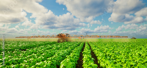 Принти на полотні Agriculture tractor spraying fertilizer on soybean fields, Technology smart farm