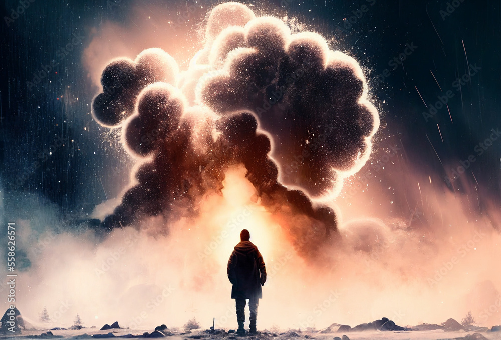 Man looks at the clouds on the horizon. Male back on the background of the explosion. Time of Troubles. Meteor falling. Thick puffs of smoke. Apocalypse. Generative Ai Art.