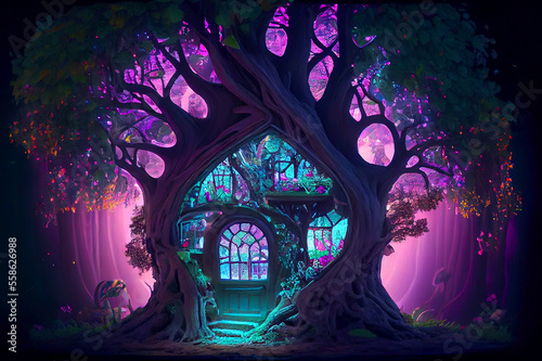 Fairytale fantasy forest with house inside a big tree  ai illustration