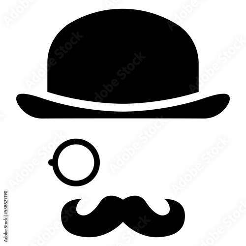 Logo moda de caballero. Silueta aislada de sombrero bombín, monóculo y bigote