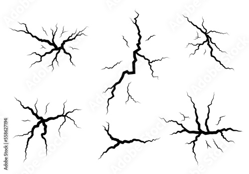 Crack effect set. Fissure texture. Wall, ground, glass, concrete cracks. Earthquake symbol collection. Vector illustration.
