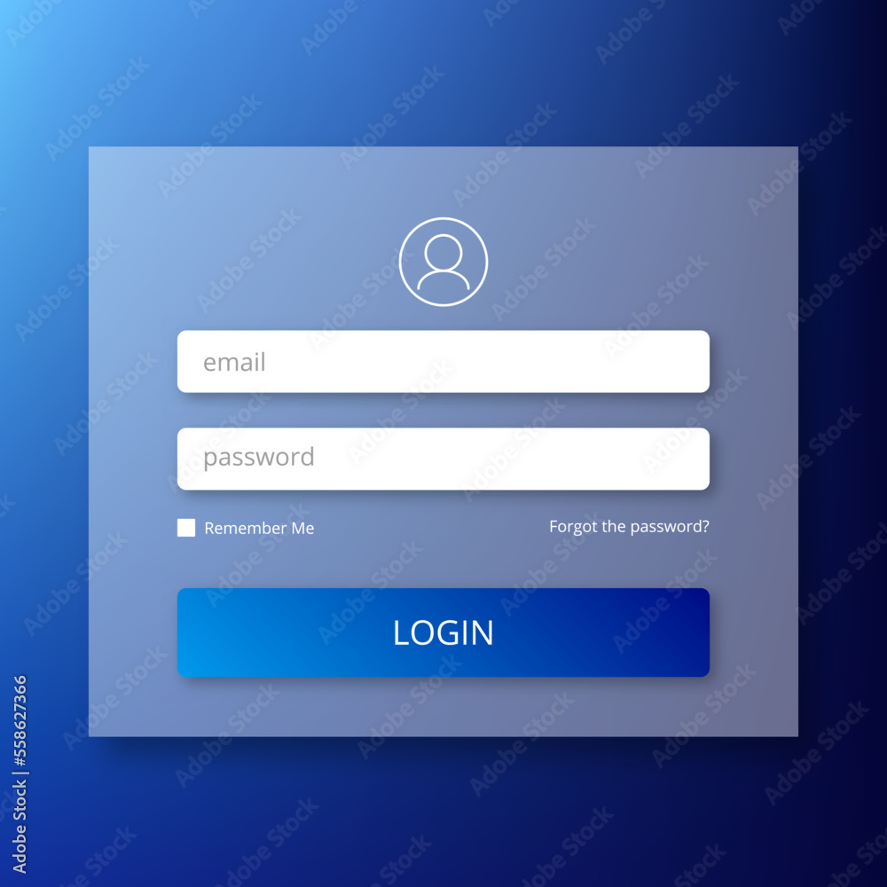 Login form page with a password reminder. Sign in interface, website vector template in blue color. Login form page with a password reminder. Sign in interface, website vector template in blue color.
