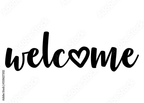 Letras de la palabra welcome con corazón en lugar de letra o. Texto manuscrito welcome