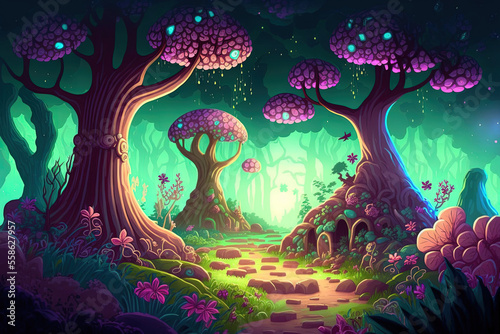 Fantasy space flora, magic trees, and luminous blooms amid an alien planet's terrain. an uncommon nature game or fairy tale inspired lovely landscape is depicted in a cartoonish alien setting