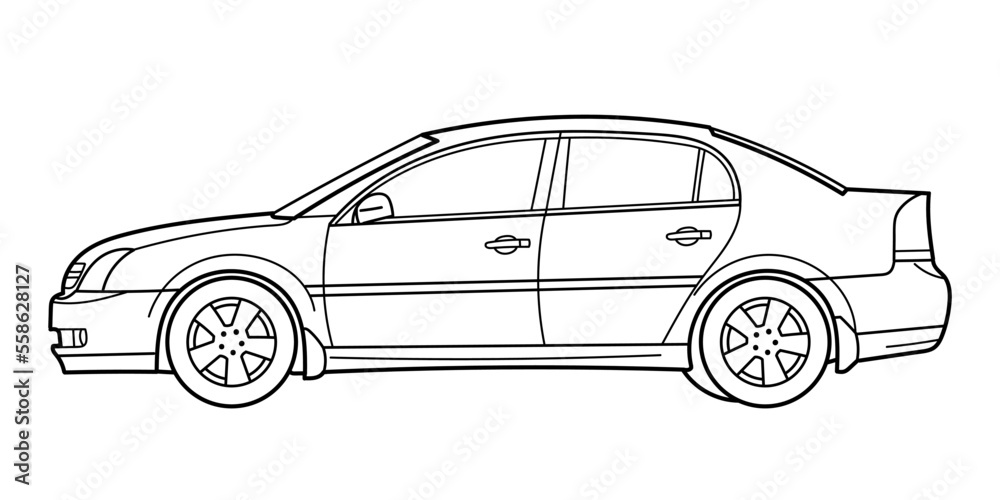 Classic sedan car. Side view shot. Outline doodle vector illustration. Design for print, coloring book	

