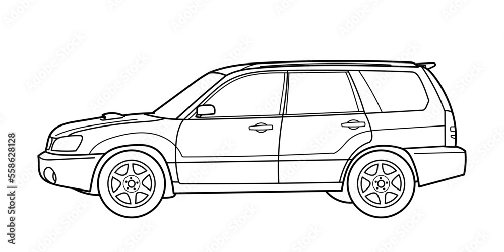 Classic suv car. Crossover car side view shot. Outline doodle vector illustration. Design for print, coloring book