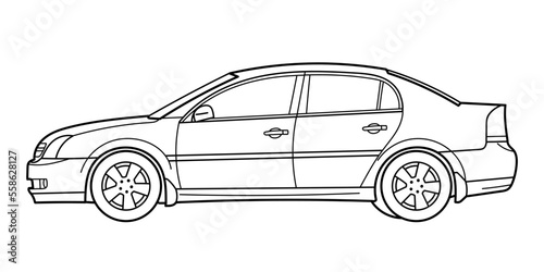 Classic sedan car. Side view shot. Outline doodle vector illustration. Design for print, coloring book 