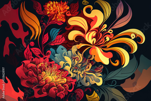Abstract illustration of flowers in tones of red, yellow, and other colors on a backdrop with many different colors. Red, yellow, and other color coordinated abstract flowers. Generative AI