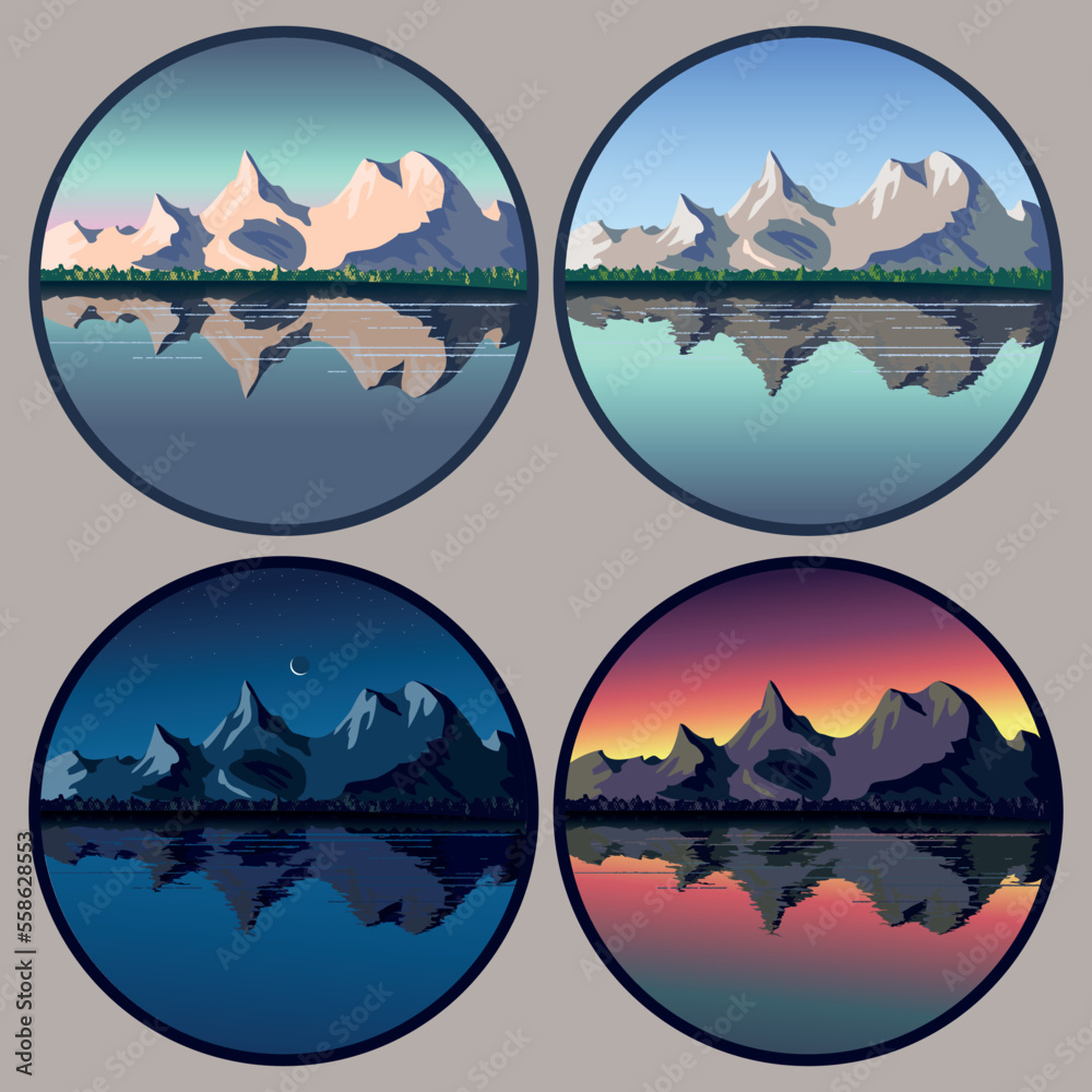 Mountain and lake landscape in circle. Vector for printing labels, printing on postal cards, badges and other