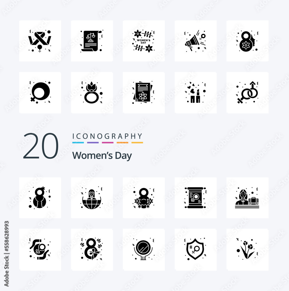 20 Womens Day Solid Glyph icon Pack. like business. invite. day. female. card