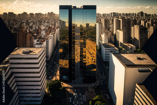 Aerial image of Itaim Bibi's Brigadeiro Faria Lima Avenue. iconic structures in the distance. Generative AI photo