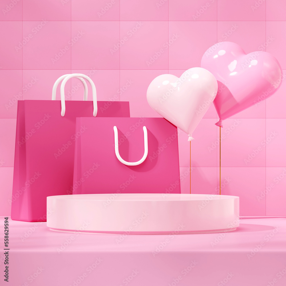 3d render blank space round cylinder pink podium in square shopping bag and love baloon