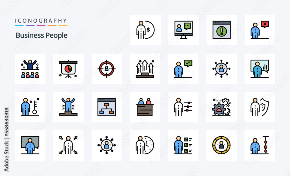 25 Business People Line Filled Style icon pack. Vector iconography illustration