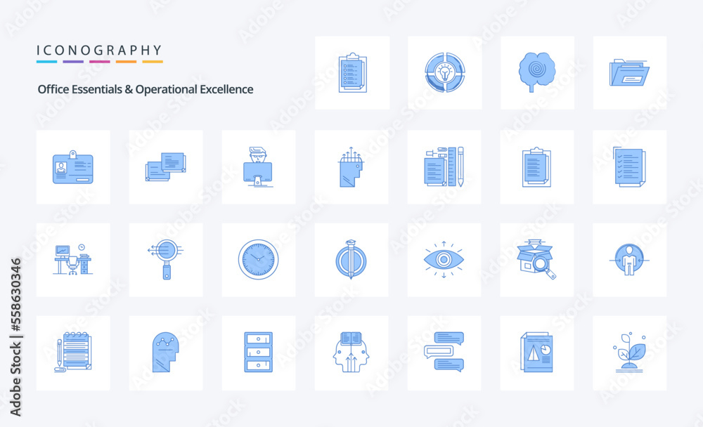 25 Office Essentials And Operational Exellence Blue icon pack. Vector icons illustration