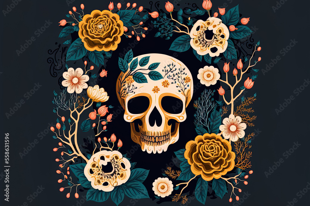 flower adorned skull Halloween art of roses and pumpkins for the holiday in the fall. Generative AI flower adorned skull Halloween art of roses and pumpkins for the holiday in the fall. Generative AI