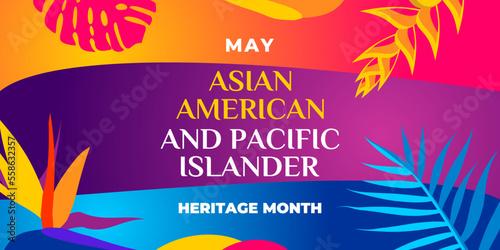 Asian American and Pacific Islander Heritage Month. Vector banner for social media, card, flyer. Illustration with text, tropical plants. Asian Pacific American Heritage Month horizontal composition