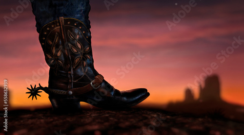 Cowboy boot and Mittens at sunset, Monument Valley, Arizona, USA photo