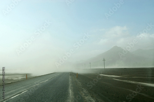 Ash storms from the eruption of Eyjafjallajokull Volcano near Skogar, Iceland blow across the coastal highway.