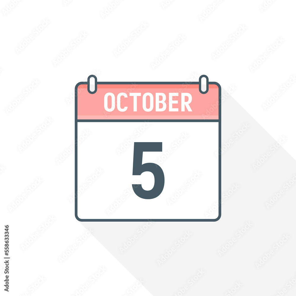5th October calendar icon. October 5 calendar Date Month icon vector illustrator 5th October calendar icon. October 5 calendar Date Month icon vector illustrator