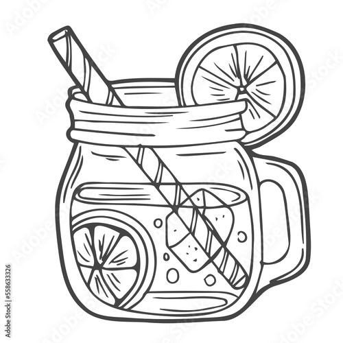 Lemonade in mason jar mug with drinking straw and lemon wedge. Refreshing summer drink vector clip art illustration, doodle style drawing.